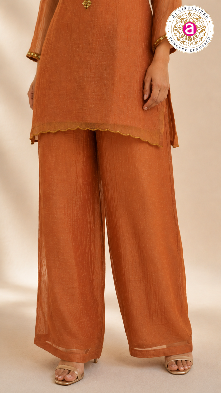 Rust Orange Mirror Work Kurta Palazzo Set