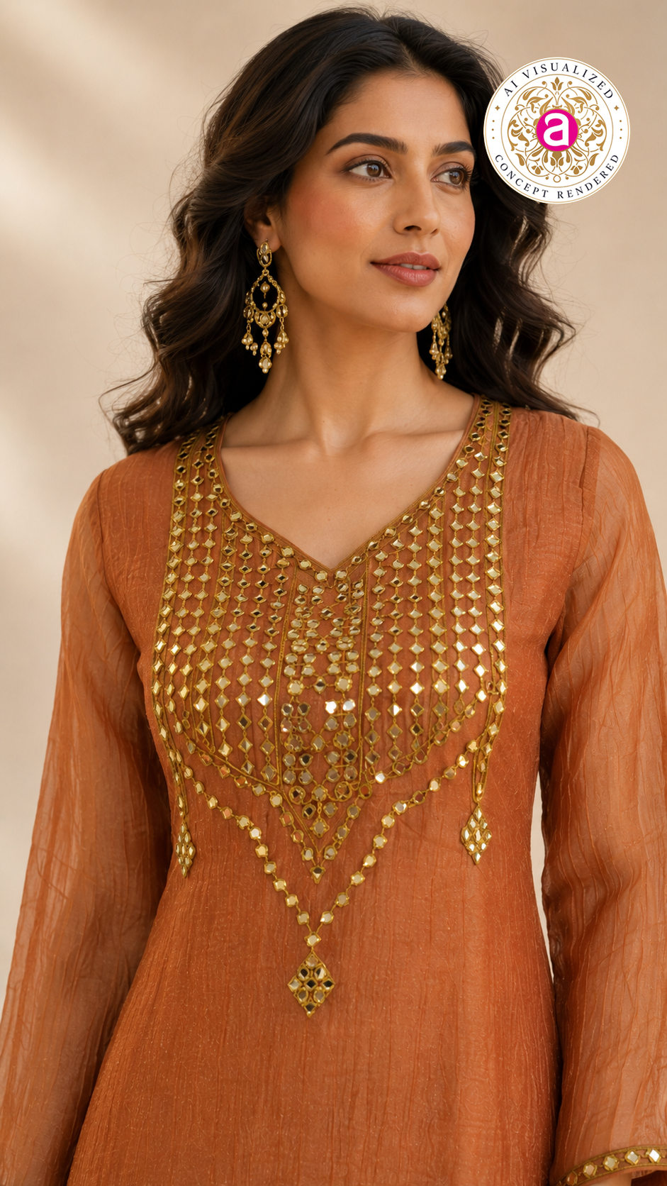 Rust Orange Mirror Work Kurta Palazzo Set