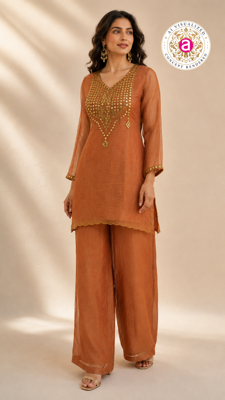 Rust Orange Mirror Work Kurta Palazzo Set