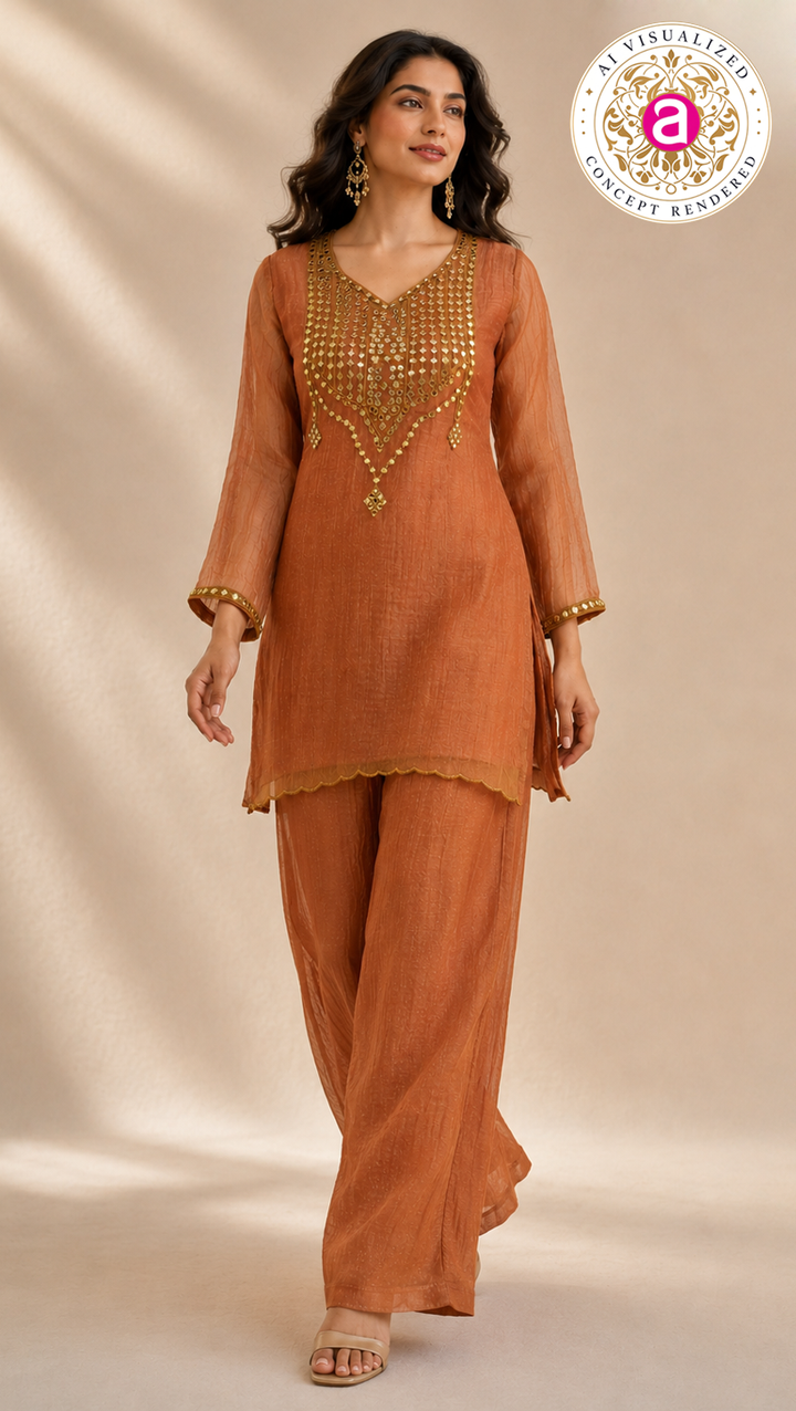 Rust Orange Mirror Work Kurta Palazzo Set