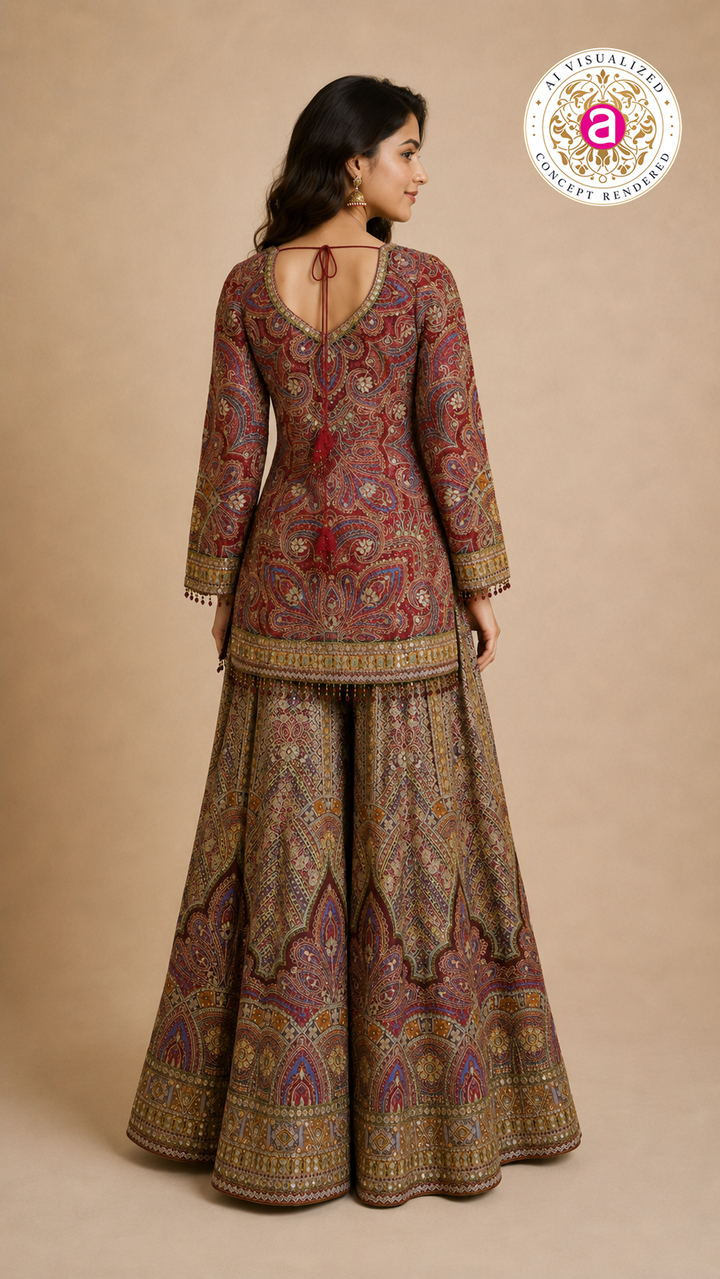 Wine Paisley Printed Kurta with Flared Palazzo Set