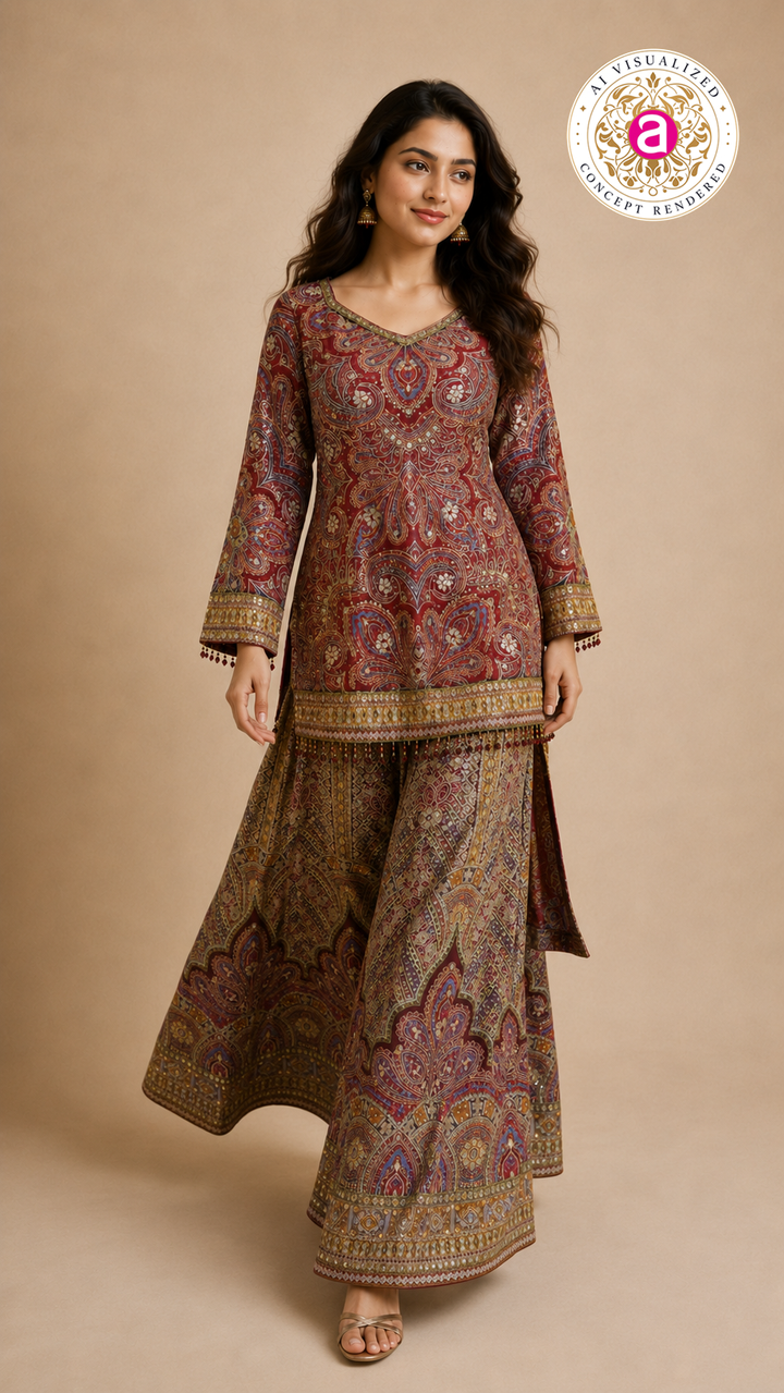 Wine Paisley Printed Kurta with Flared Palazzo Set