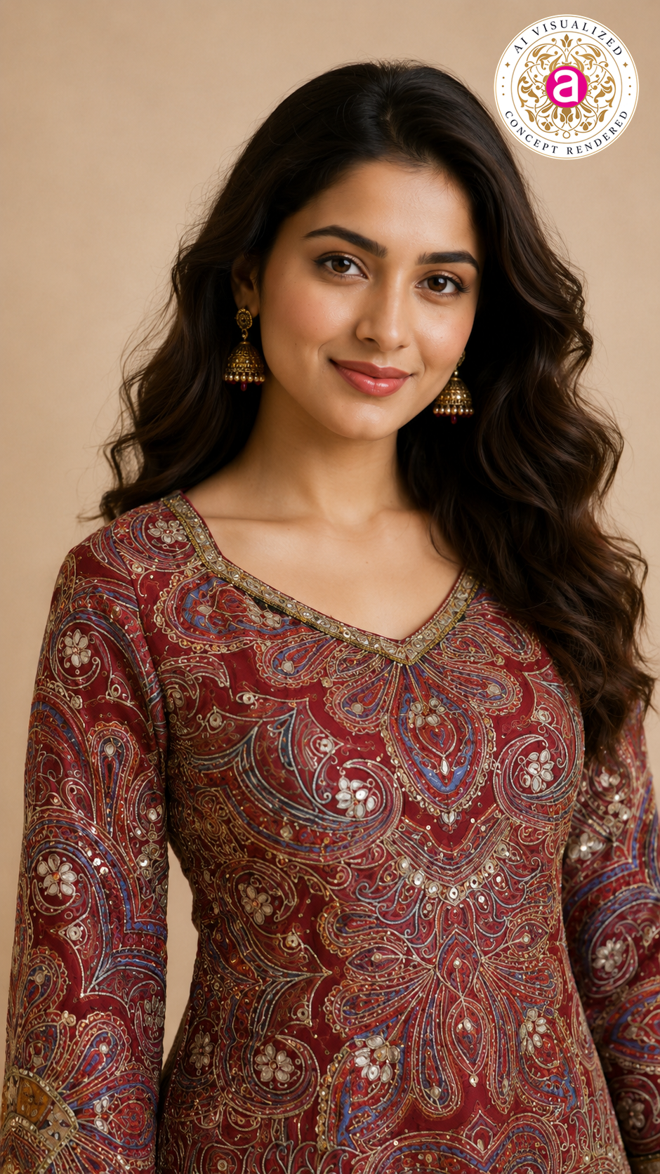 Wine Paisley Printed Kurta with Flared Palazzo Set