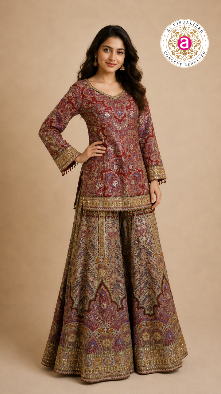 Wine Paisley Printed Kurta with Flared Palazzo Set