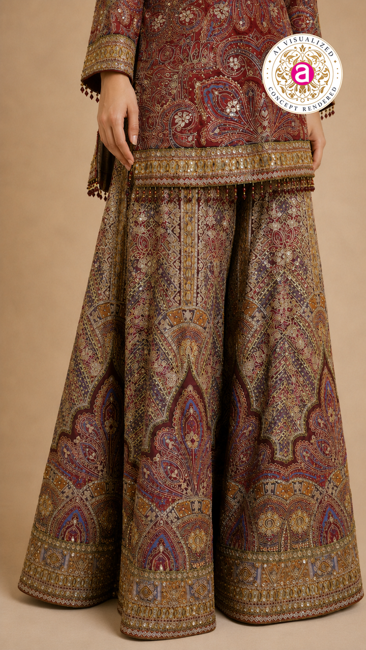 Wine Paisley Printed Kurta with Flared Palazzo Set