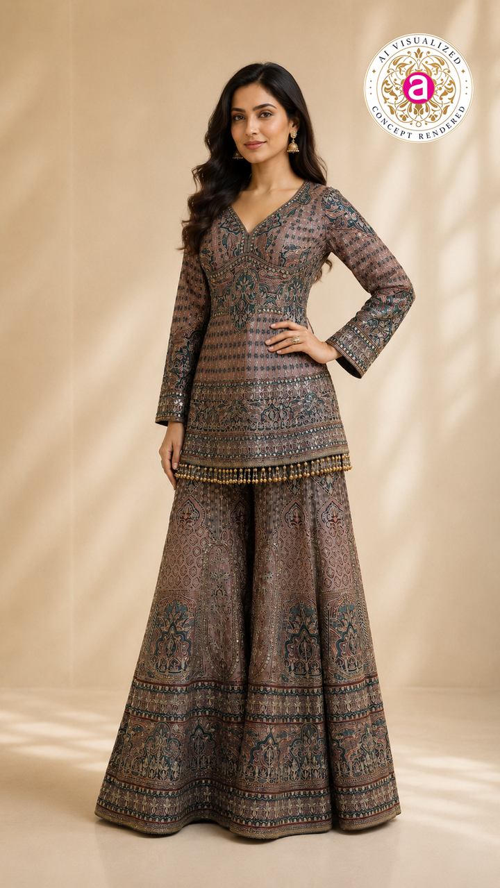 Dusty Mauve Heritage Printed Kurta with Flared Palazzo Set