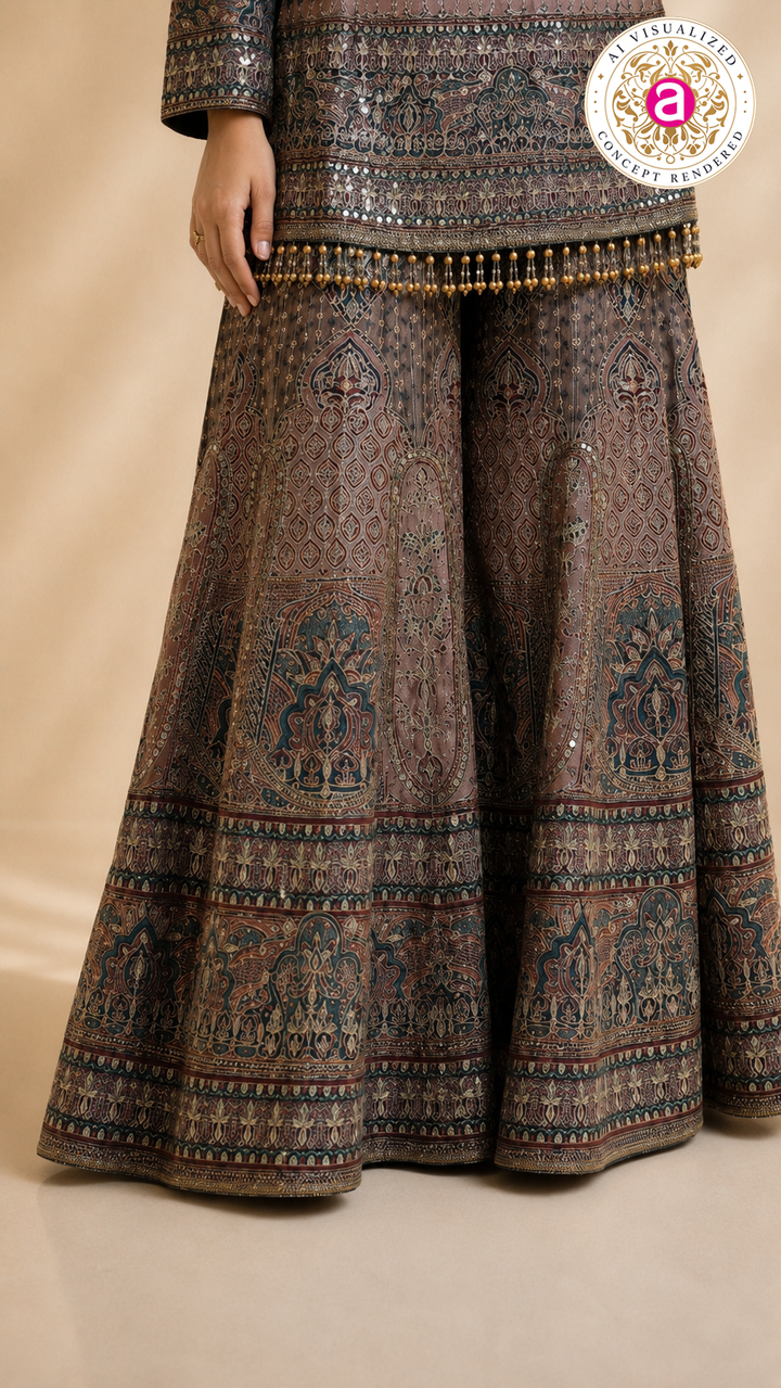 Dusty Mauve Heritage Printed Kurta with Flared Palazzo Set