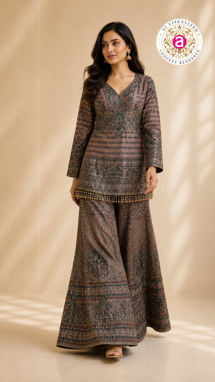 Dusty Mauve Heritage Printed Kurta with Flared Palazzo Set