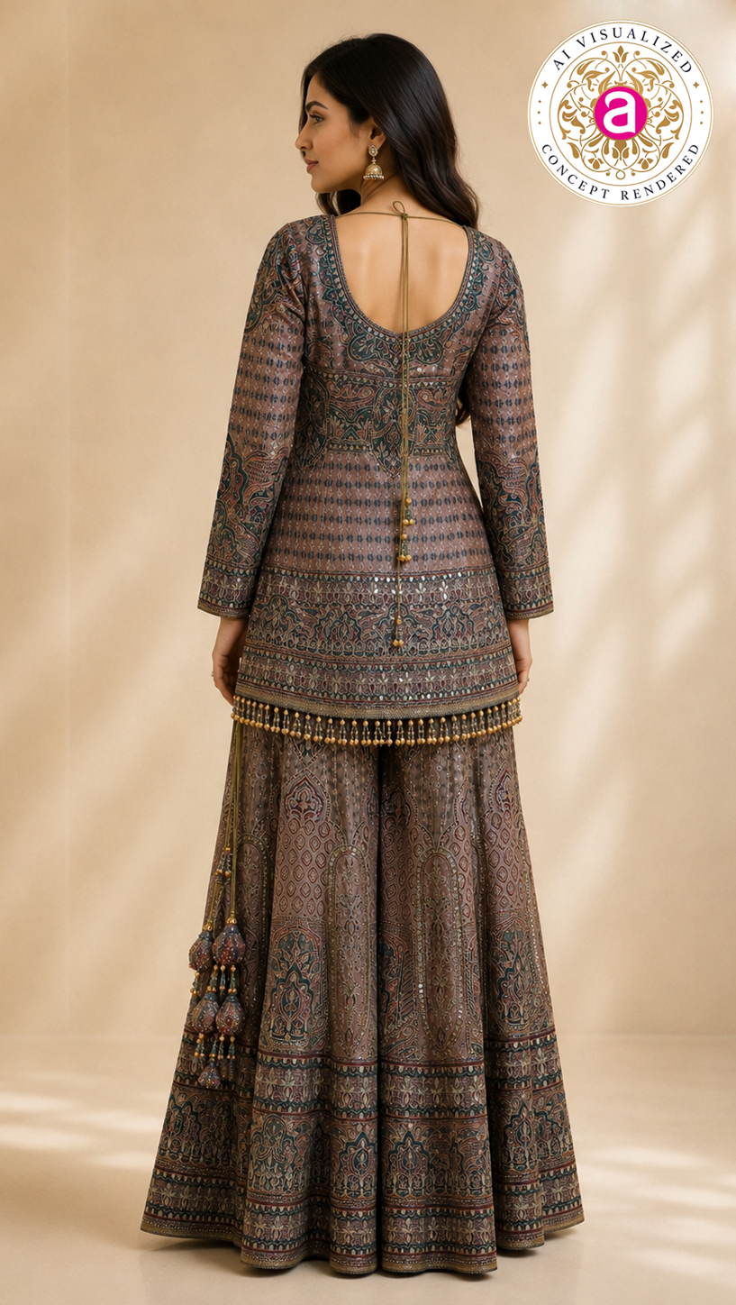 Dusty Mauve Heritage Printed Kurta with Flared Palazzo Set