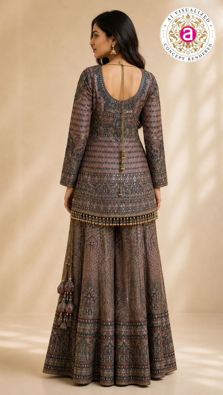 Dusty Mauve Heritage Printed Kurta with Flared Palazzo Set