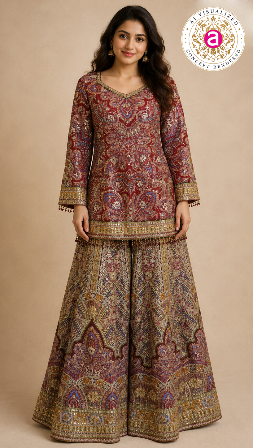 Wine Paisley Printed Kurta with Flared Palazzo Set