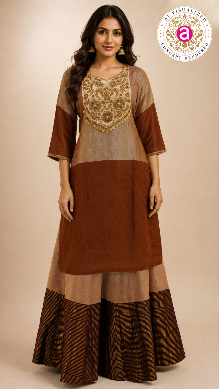 Rust Brown Colourblock Kurta with Striped Palazzo Set