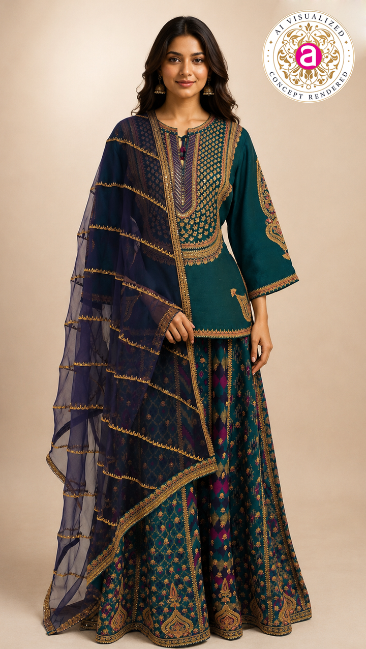 Teal Blue Indo-Western Sharara Set with Embroidered Kurti & Organza Dupatta