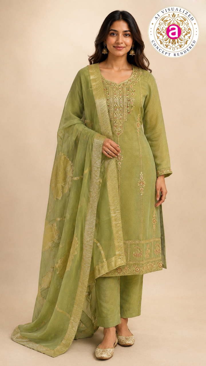 Sage Green Embroidered Straight Kurta Set with Dupatta