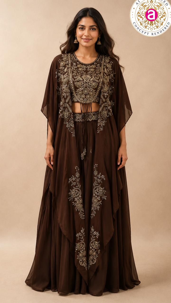 Espresso Brown Embellished Cape Sharara Set