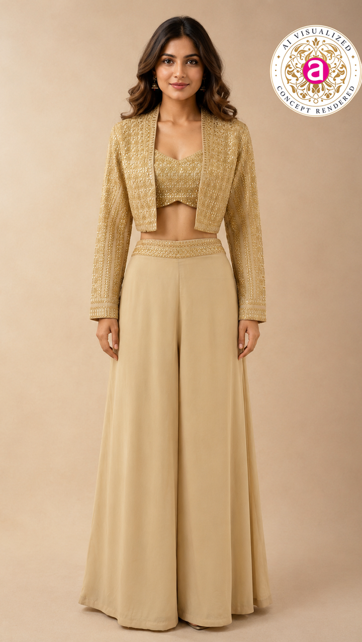 Champagne Gold Embellished Crop Top with Jacket & Palazzo Set