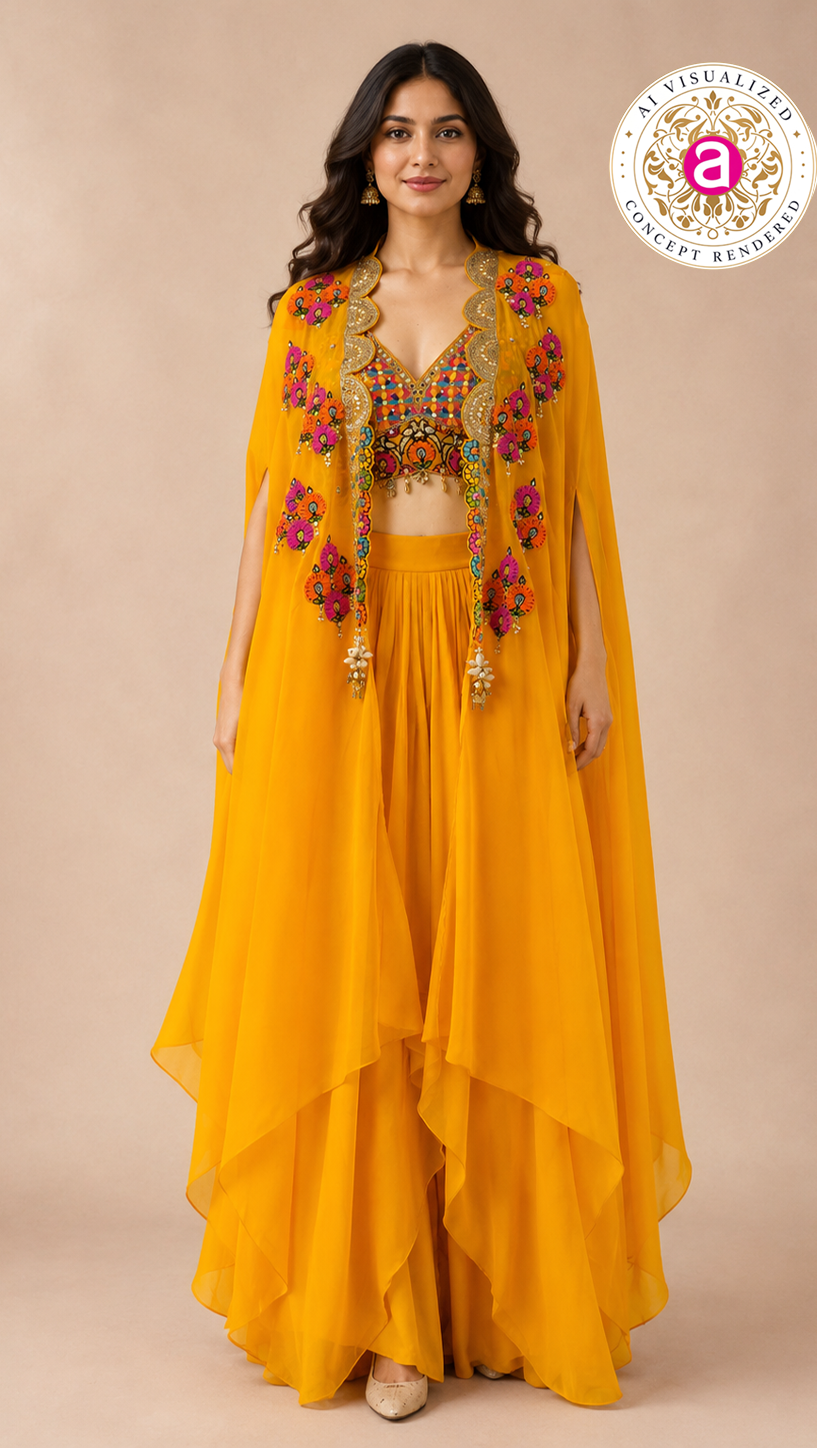 Sunshine Yellow Cape Palazzo Set with Multicolour Embroidered Blouse