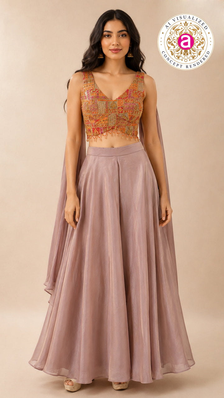 Mauve Palazzo Set with Multicolour Embroidered Blouse & Cape Dupatta