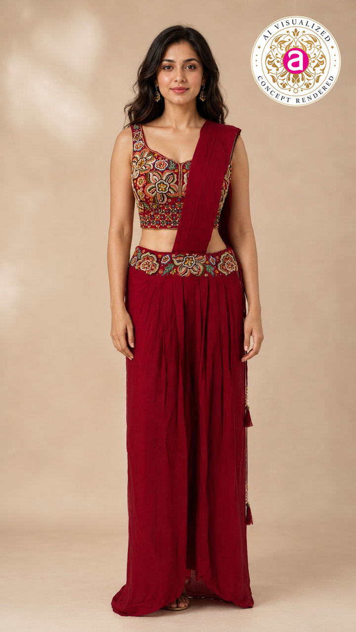 Ruby Red Embroidered Indo-Western Draped Saree Set