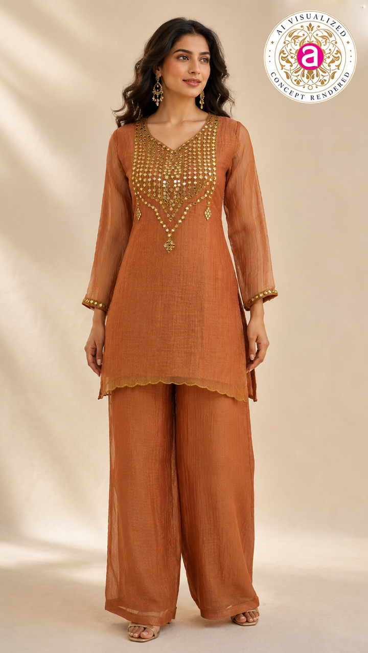 Rust Orange Mirror Work Kurta Palazzo Set