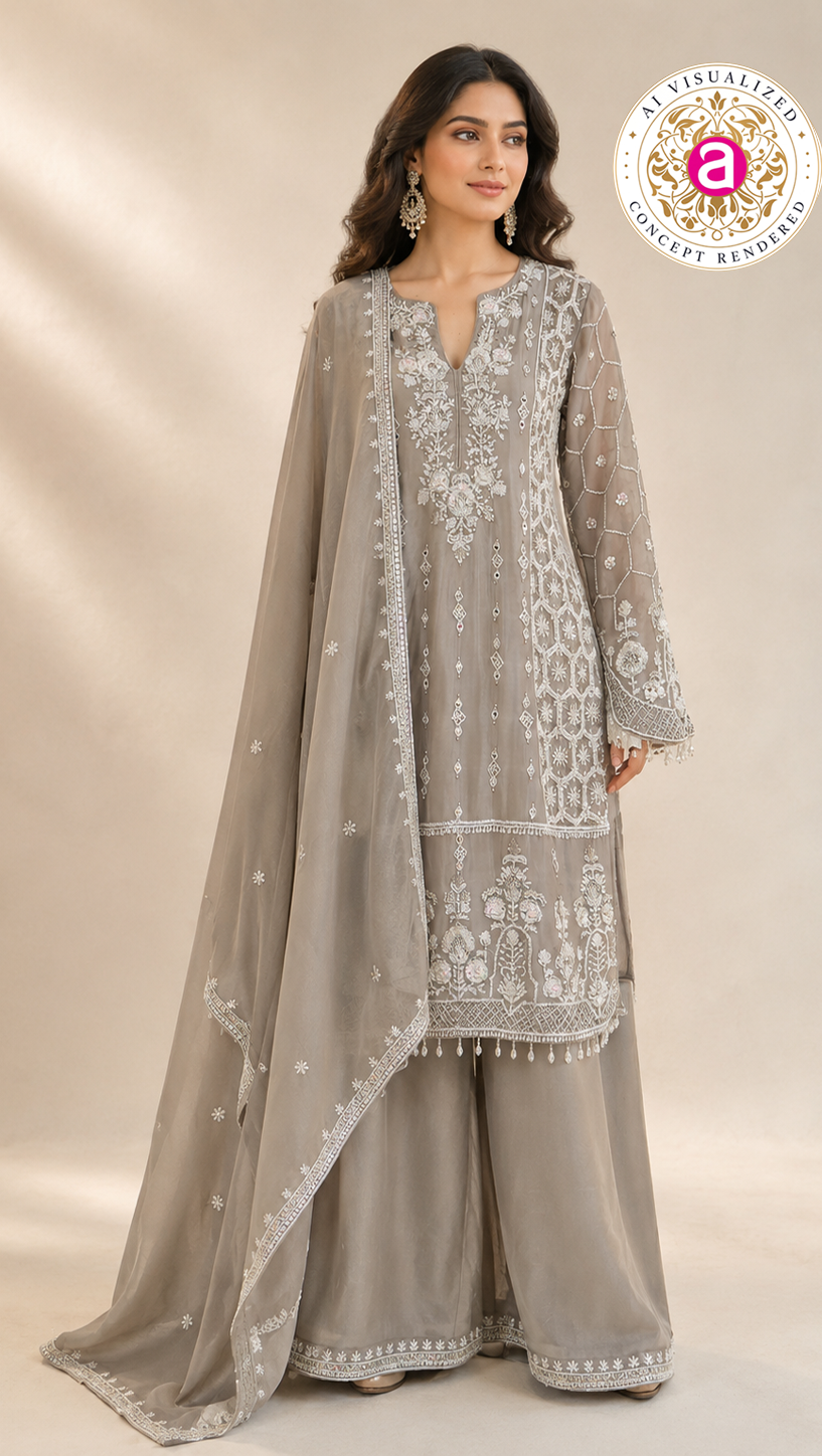 Dusty Grey Embroidered Kurta Palazzo Set with Dupatta