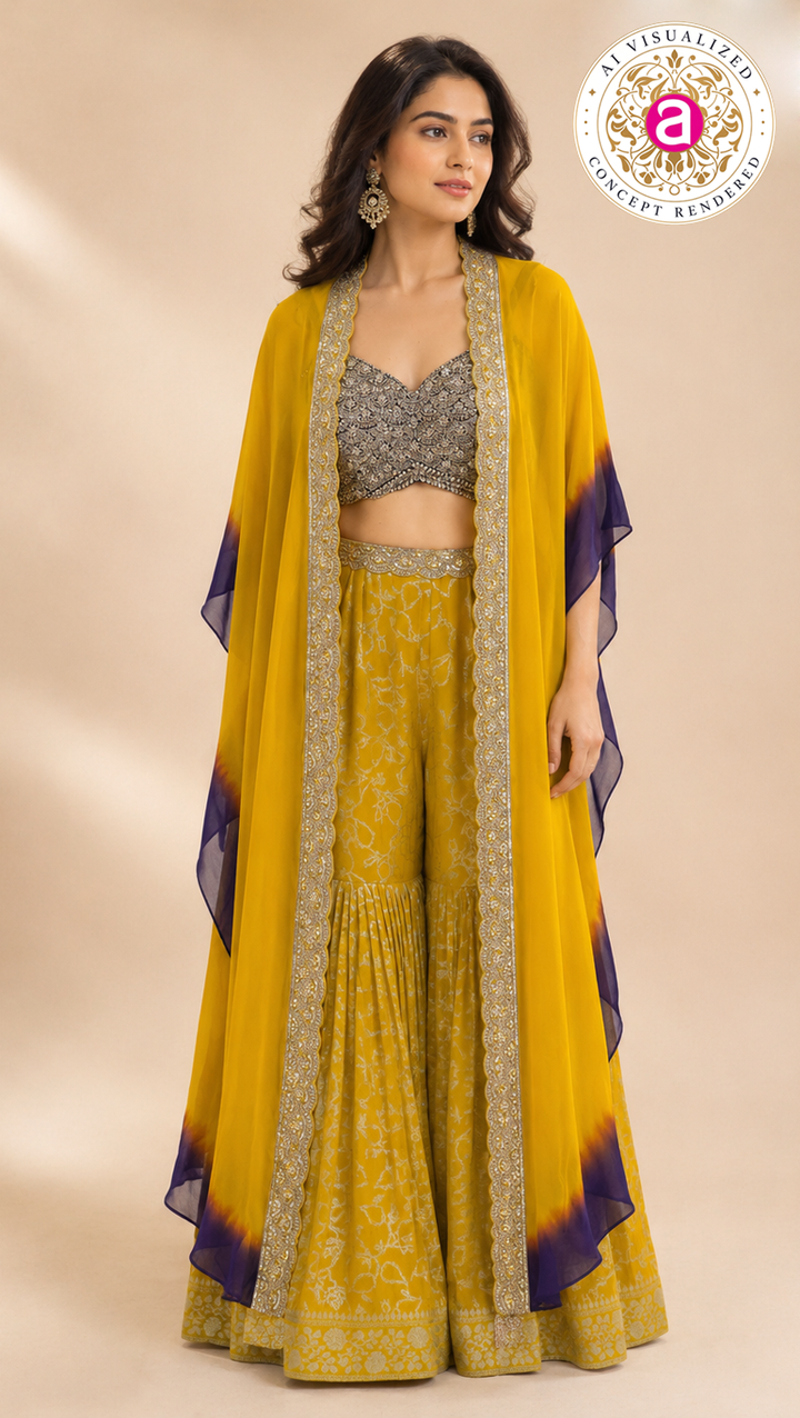 Mustard Yellow Printed Sharara Set with Embellished Cape Dupatta