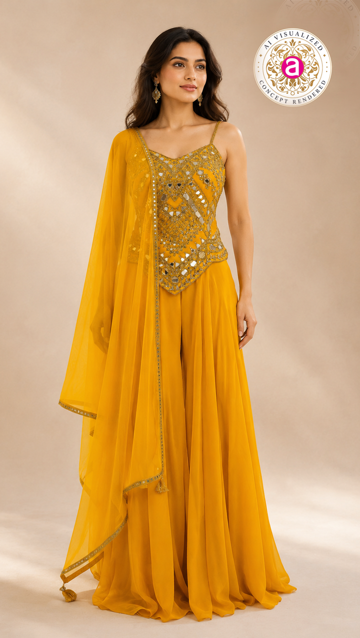 Mustard Yellow Mirror Work Palazzo Set with Draped Dupatta
