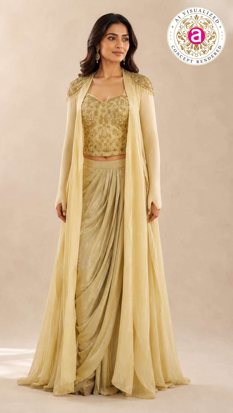 Champagne Gold Draped Saree Gown with Embellished Cape Jacket