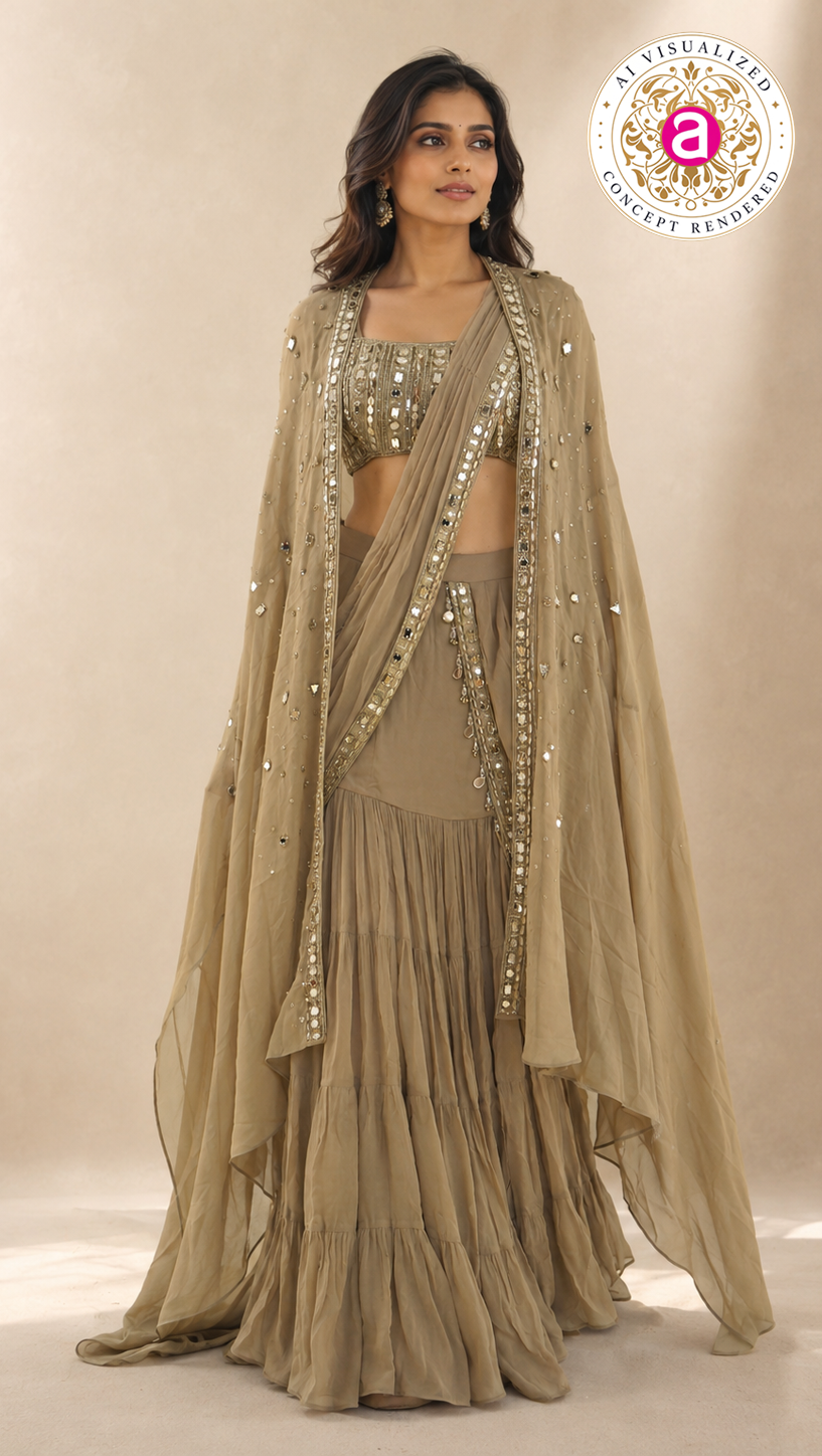 Olive Taupe Ready-to-Wear Draped Saree with Mirror Embellished Blouse & Cape