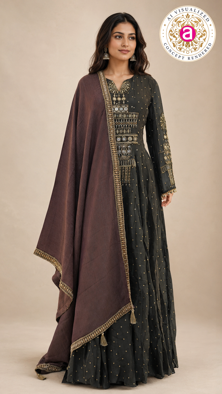 Charcoal Black Embellished Anarkali Set with Contrast Dupatta