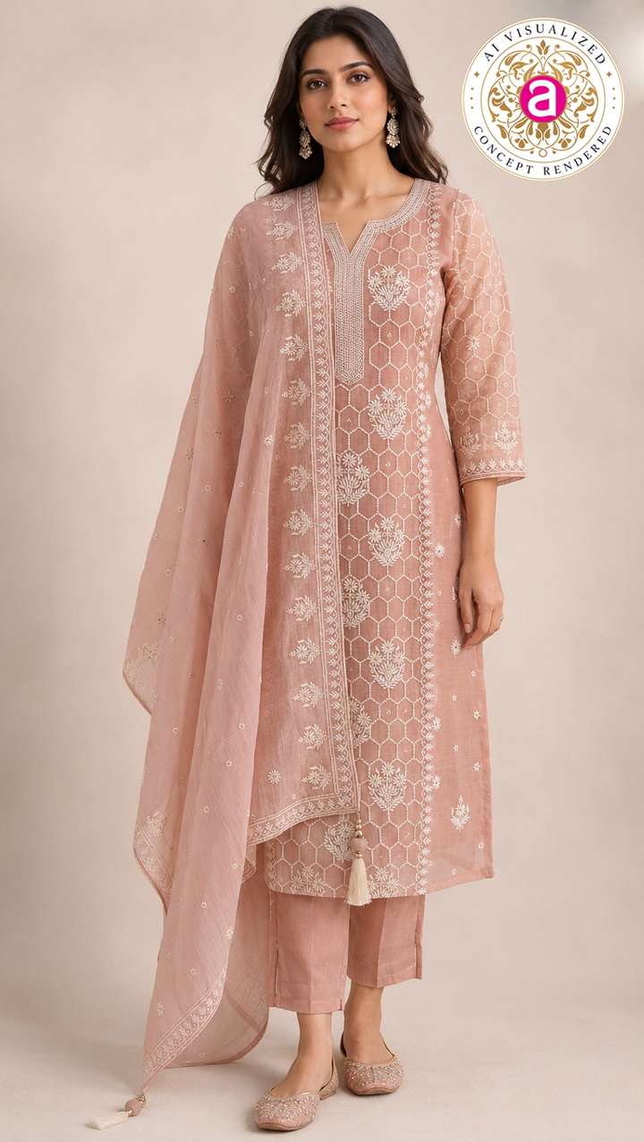 Blush Pink Embroidered Straight Kurta Set with Dupatta