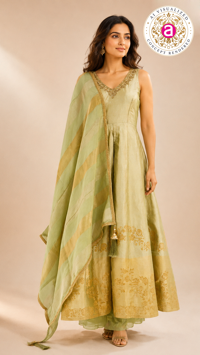 Pastel Pistachio Green Anarkali Set with Woven Dupatta