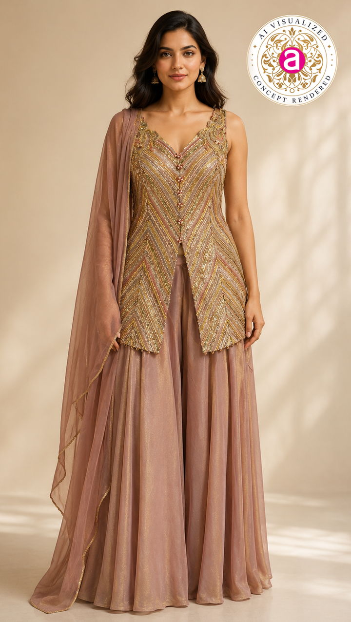 Dusty Rose Embellished Sharara Set with Embroidered Jacket