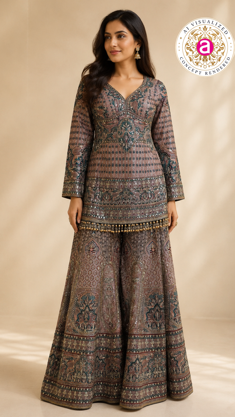 Dusty Mauve Heritage Printed Kurta with Flared Palazzo Set