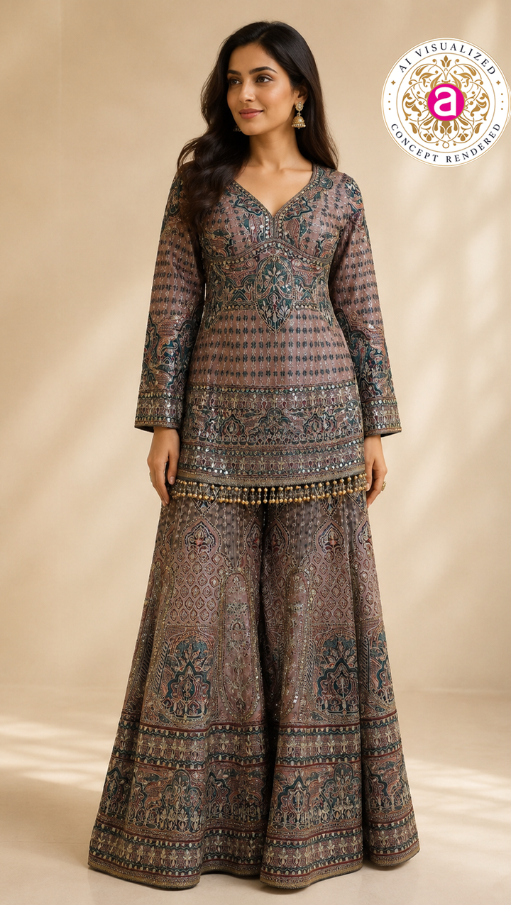 Dusty Mauve Heritage Printed Kurta with Flared Palazzo Set
