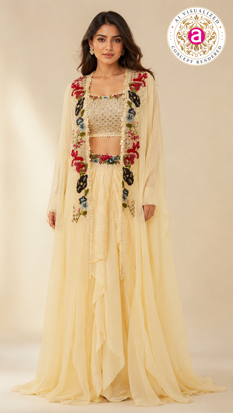 Ivory Floral Embroidered Indo-Western Cape Set with Draped Palazzo