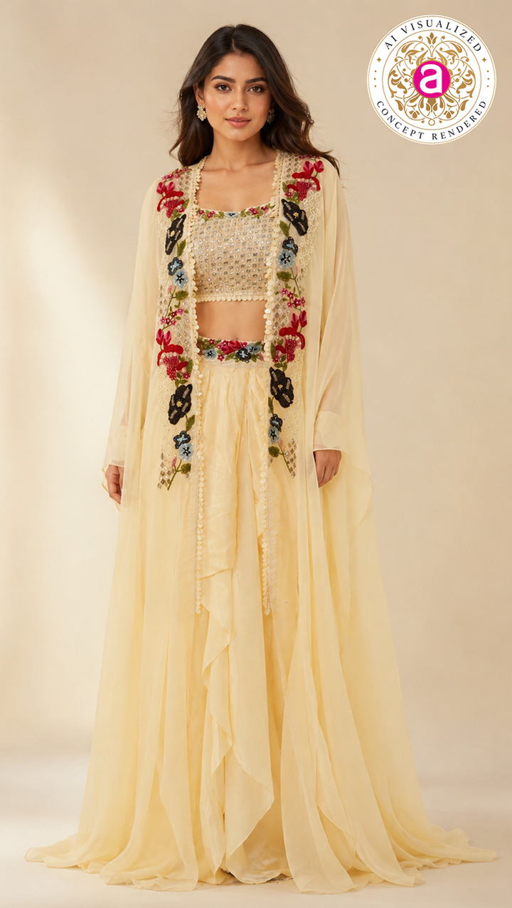Ivory Floral Embroidered Indo-Western Cape Set with Draped Palazzo