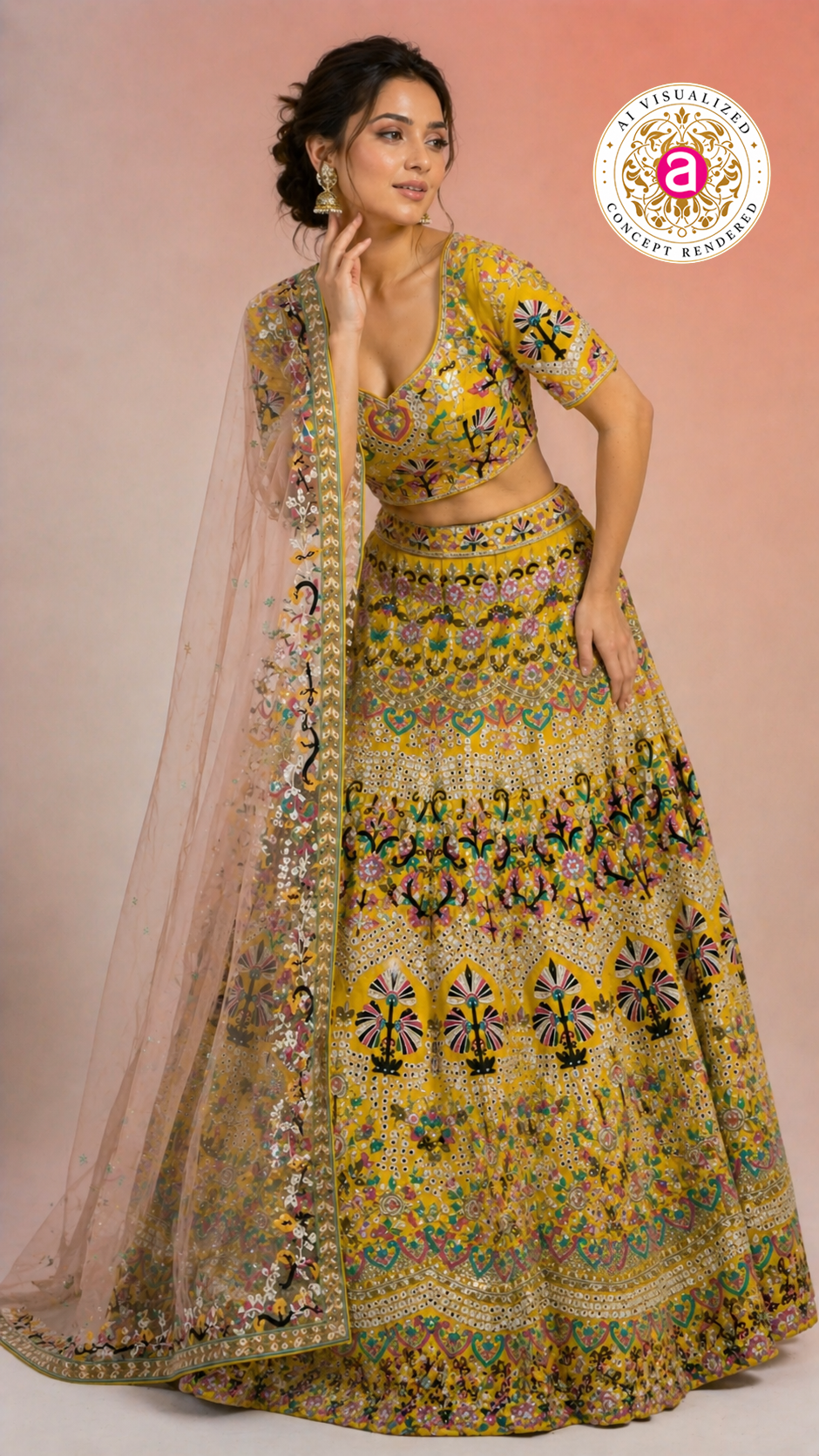 Yellow Multicolor Embroidered Designer Lehenga Choli with Net Dupatta