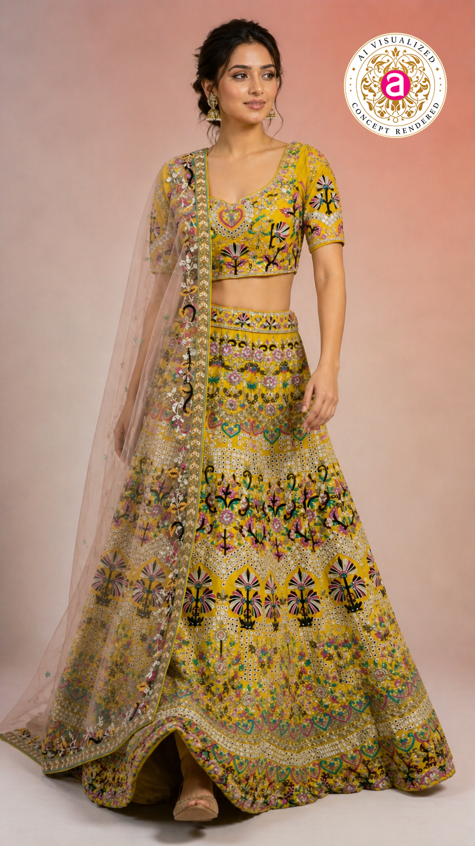 Yellow Multicolor Embroidered Designer Lehenga Choli with Net Dupatta