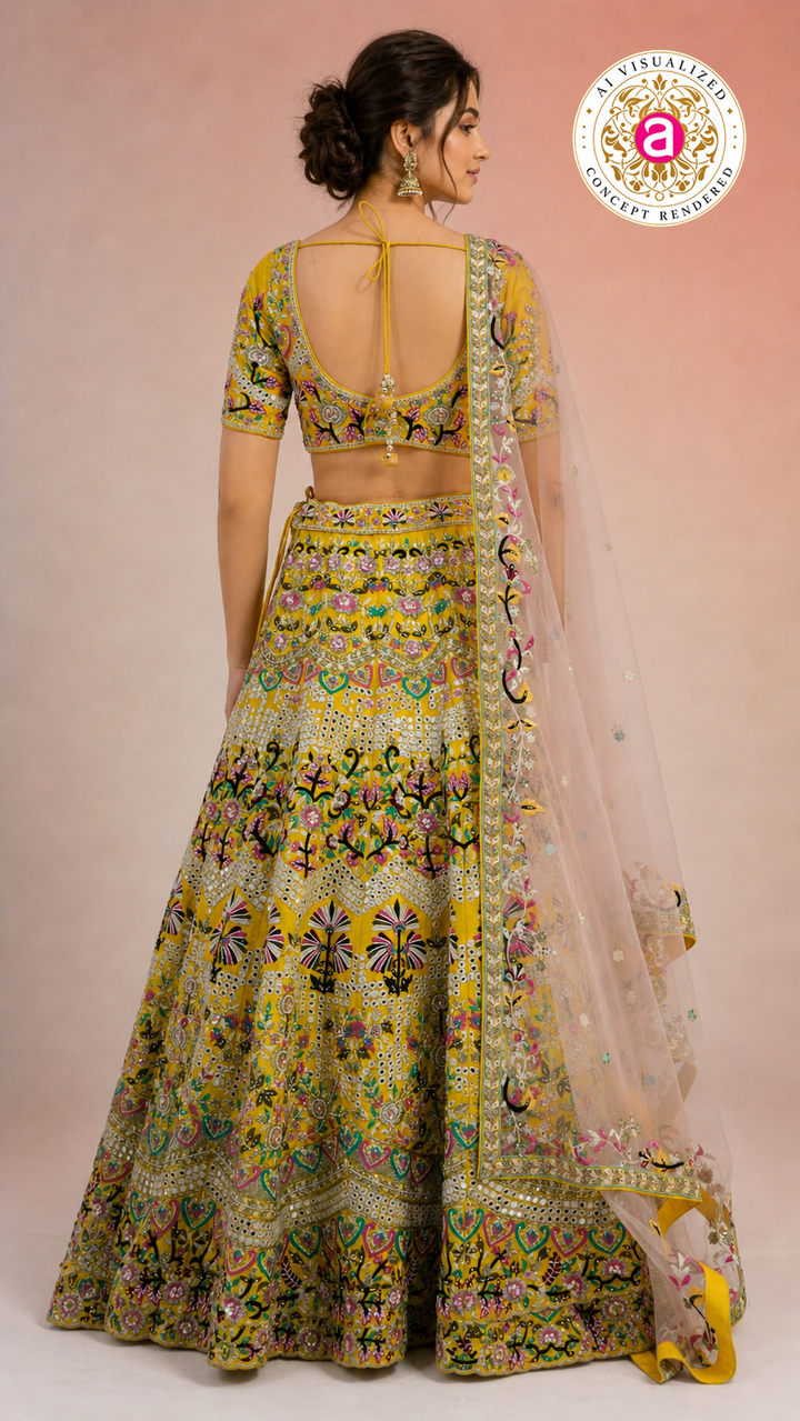 Yellow Multicolor Embroidered Designer Lehenga Choli with Net Dupatta
