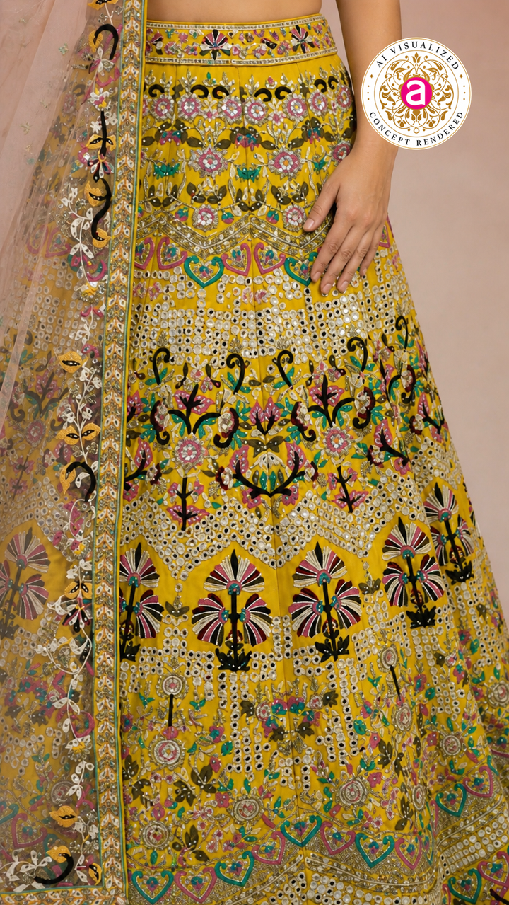 Yellow Multicolor Embroidered Designer Lehenga Choli with Net Dupatta