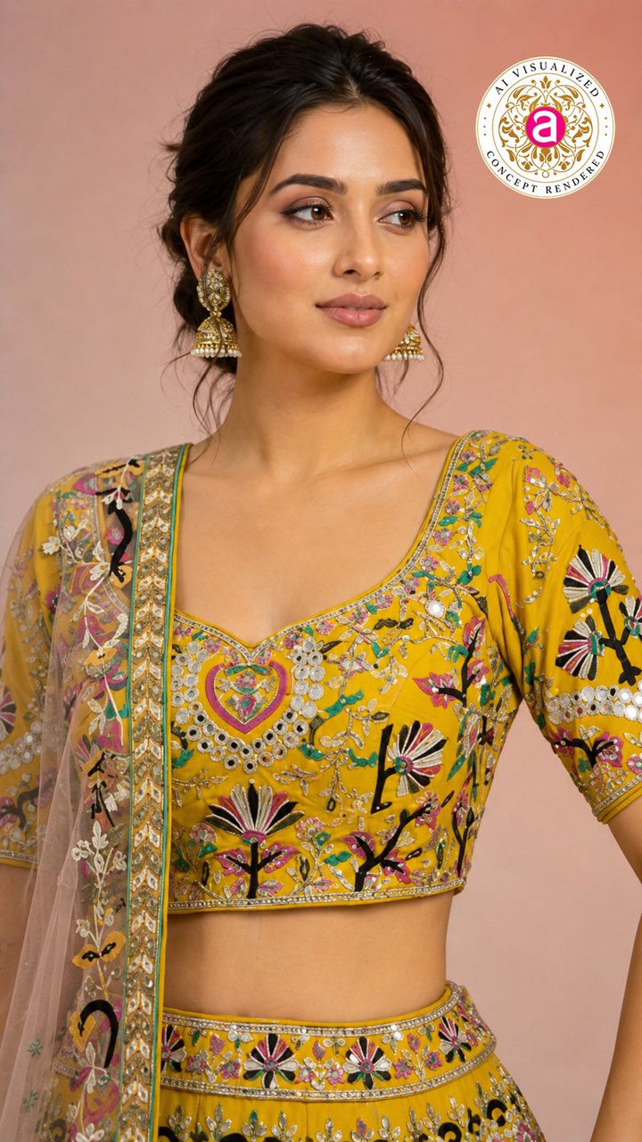 Yellow Multicolor Embroidered Designer Lehenga Choli with Net Dupatta