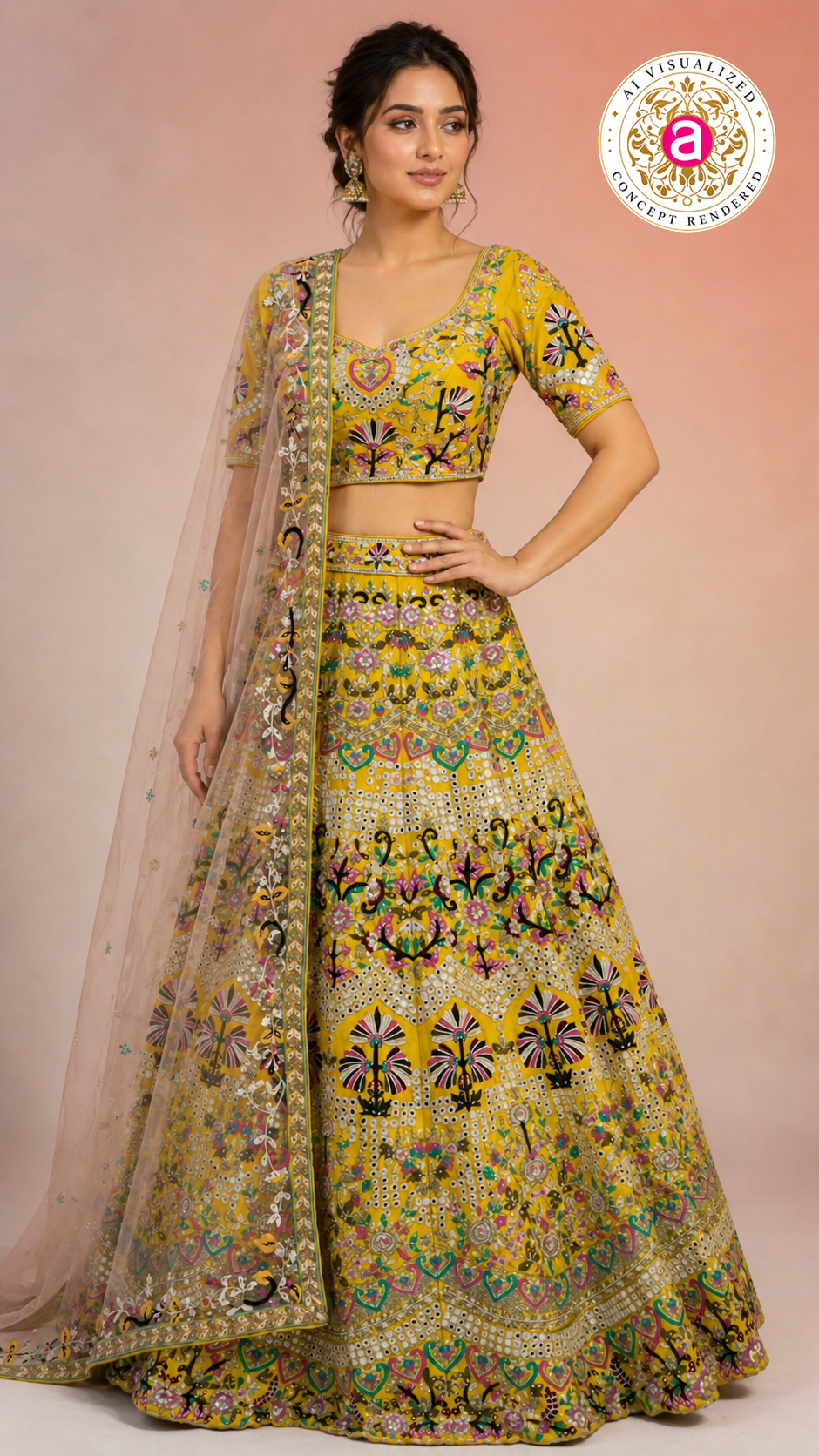 Yellow Multicolor Embroidered Designer Lehenga Choli with Net Dupatta