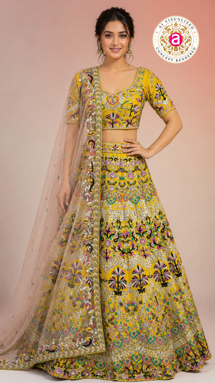 Yellow Multicolor Embroidered Designer Lehenga Choli with Net Dupatta