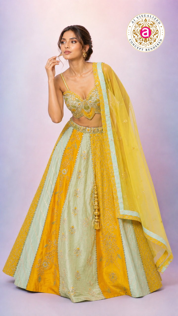 Mustard Yellow & Mint Green Designer Lehenga Choli with Embroidered Panels and Net Dupatta