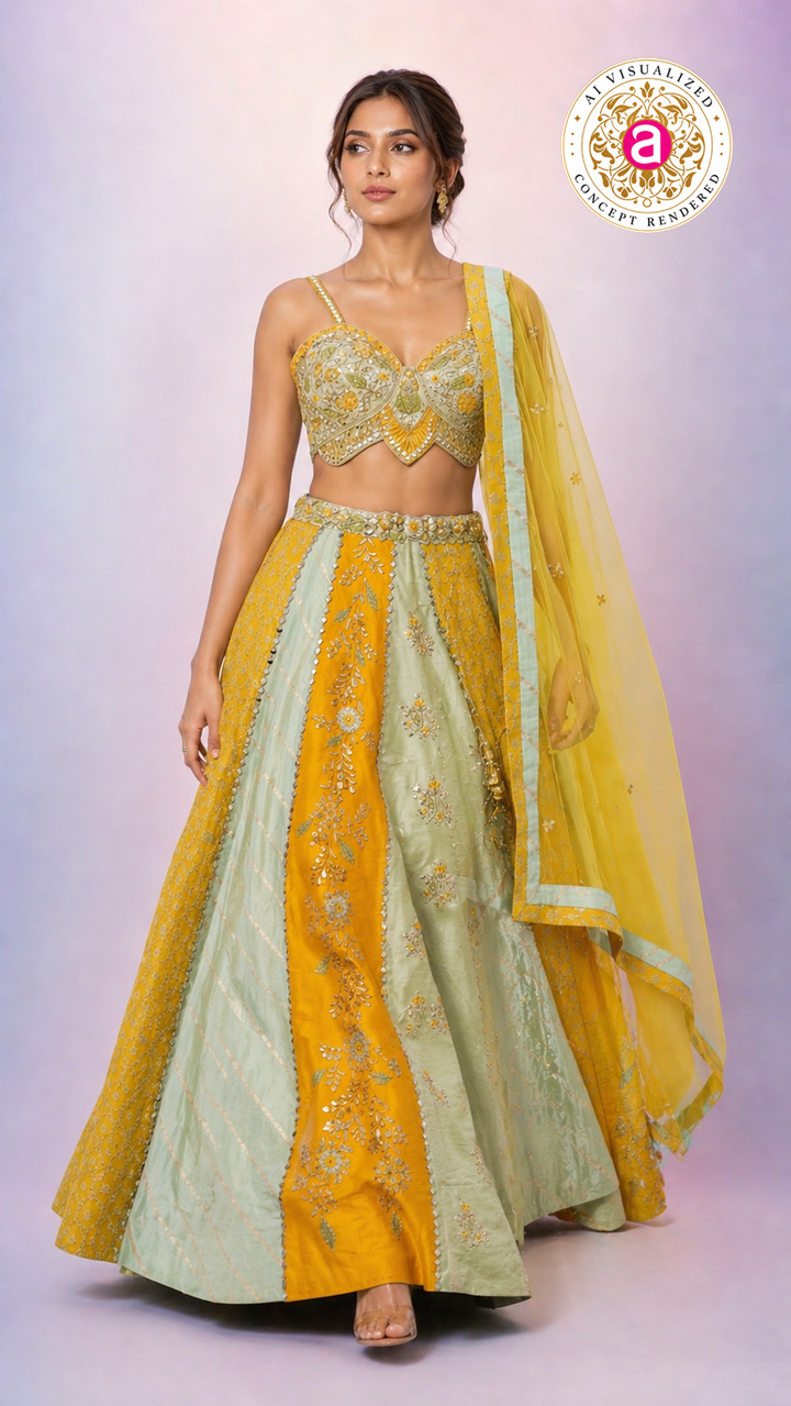 Mustard Yellow & Mint Green Designer Lehenga Choli with Embroidered Panels and Net Dupatta