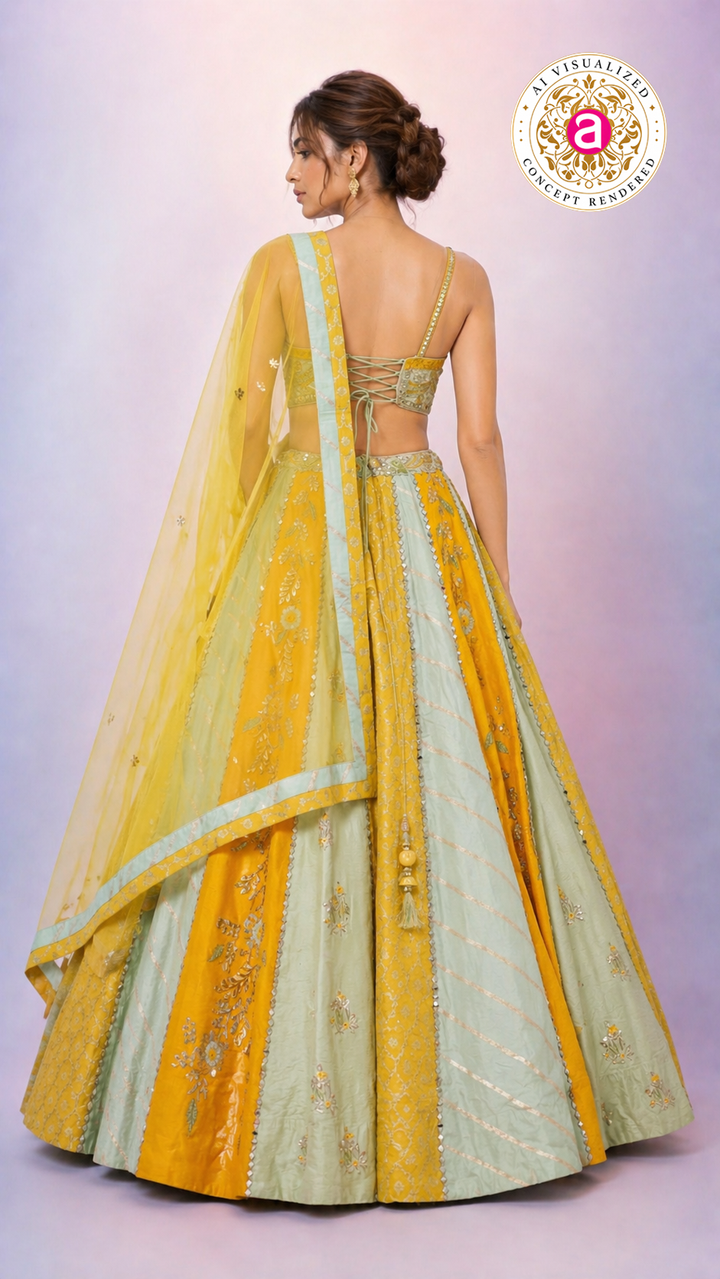 Mustard Yellow & Mint Green Designer Lehenga Choli with Embroidered Panels and Net Dupatta