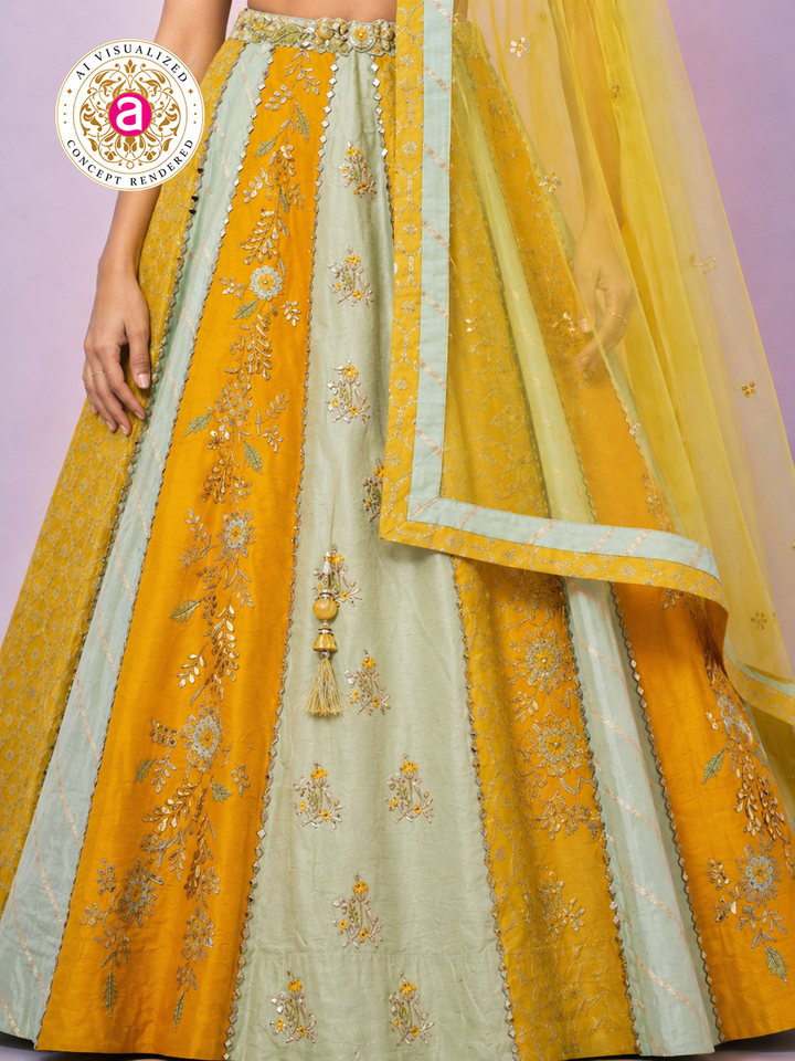 Mustard Yellow & Mint Green Designer Lehenga Choli with Embroidered Panels and Net Dupatta