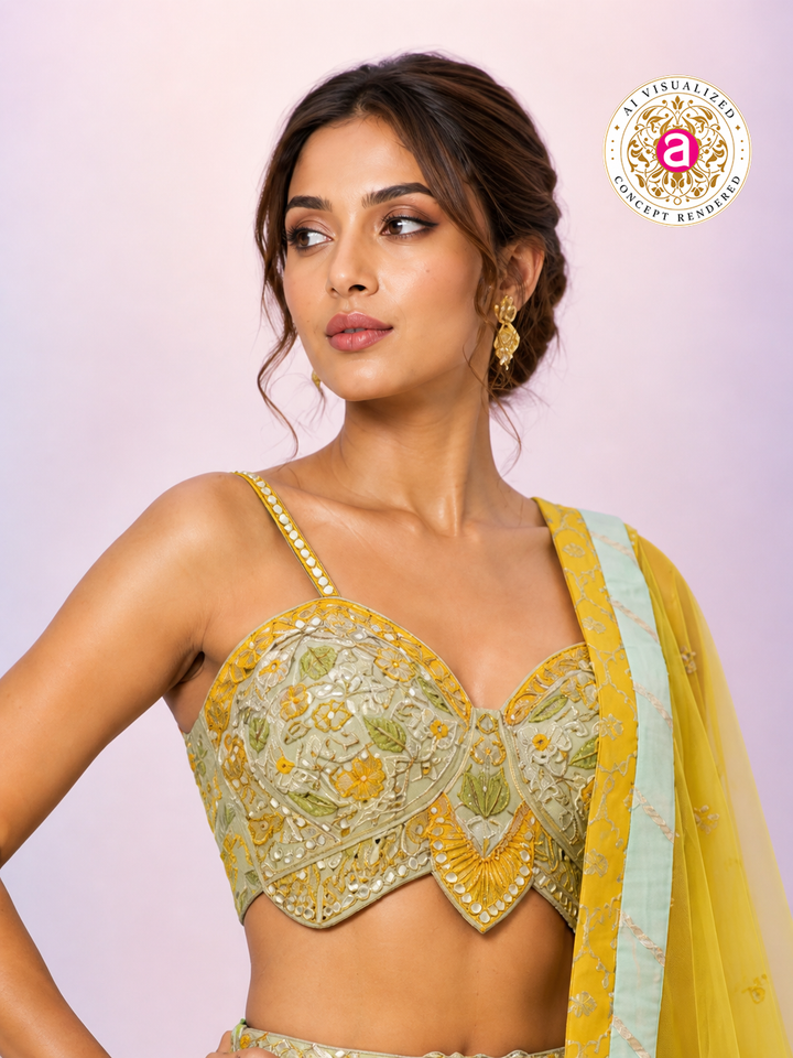 Mustard Yellow & Mint Green Designer Lehenga Choli with Embroidered Panels and Net Dupatta