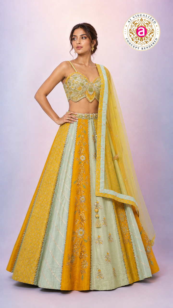 Mustard Yellow & Mint Green Designer Lehenga Choli with Embroidered Panels and Net Dupatta